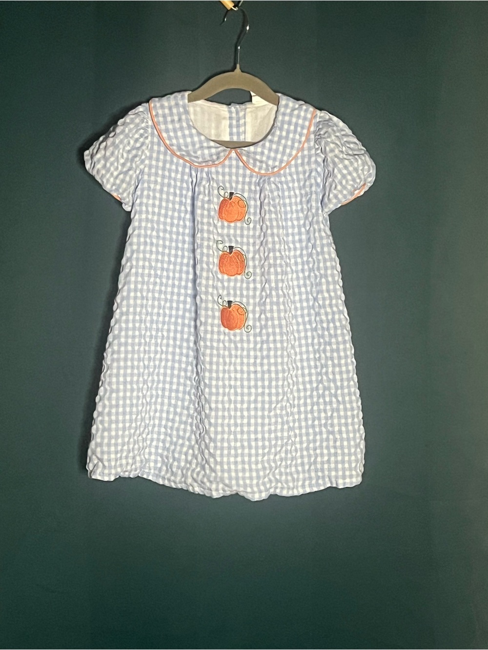 Stitchy Fish Light Blue Gingham Girls Dress with Pumpkin Embroidery